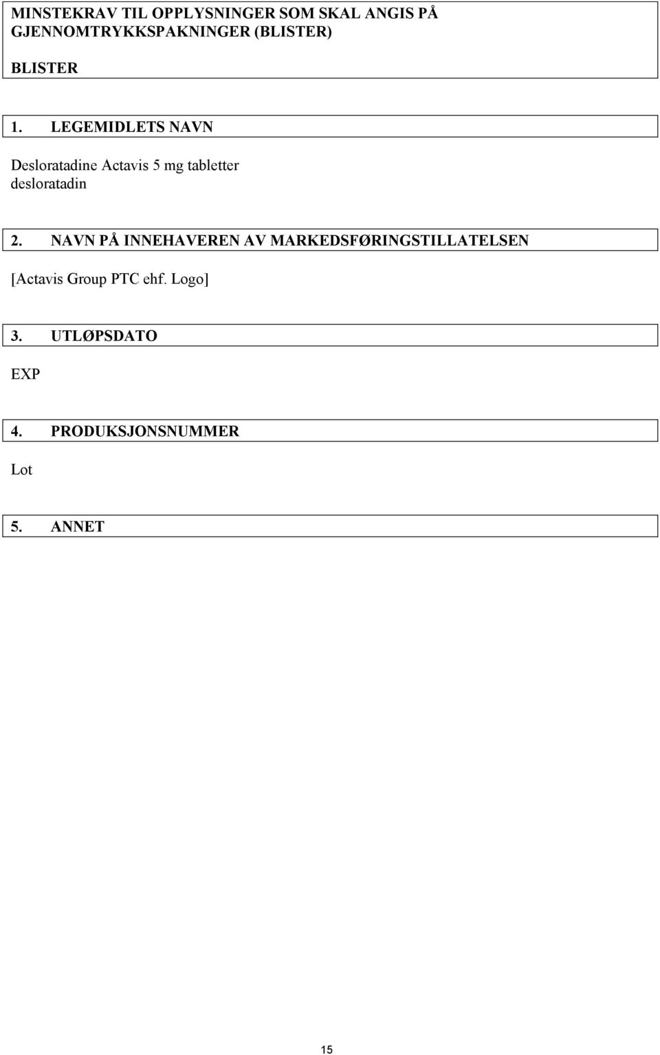 LEGEMIDLETS NAVN Desloratadine Actavis 5 mg tabletter desloratadin 2.
