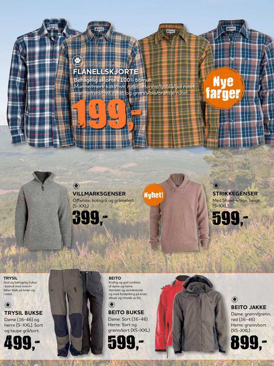 (s-xxl) 899,- trysil God og behagelig bukse i bomull med strechfelter både på knær og i setet. trysil bukse Dame (36-46) og herre (s-xxl). Sort og taupe grå/sort.