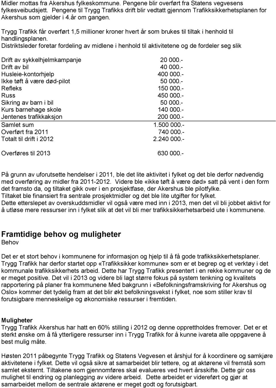 Trygg Trafikk får overført 1,5 millioner kroner hvert år som brukes til tiltak i henhold til handlingsplanen.