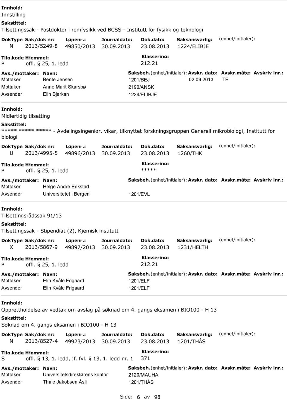 2013 TE Mottaker Anne Marit Skarsbø 2190/ANSK Elin Bjerkan 1224/ELBJE Midlertidig tilsetting - Avdelingsingeniør, vikar, tilknyttet forskningsgruppen Generell mikrobiologi, nstitutt for biologi