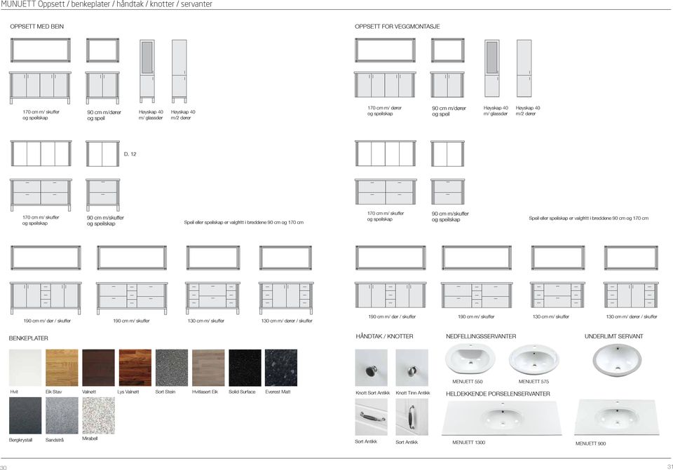 12 170 cm m/ skuffer og speilskap 90 cm m/skuffer og speilskap Speil eller speilskap er valgfritt i breddene 90 cm og 170 cm 170 cm m/ skuffer og speilskap 90 cm m/skuffer og speilskap Speil eller