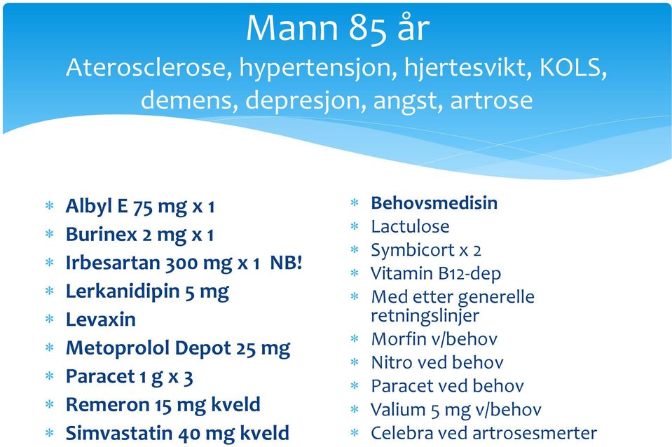 Lerkanidipin 5 mg Levaxin Metoprolol Depot 25 mg Paracet 1 g x 3 Remeron 15 mg kveld Simvastatin 40 mg kveld