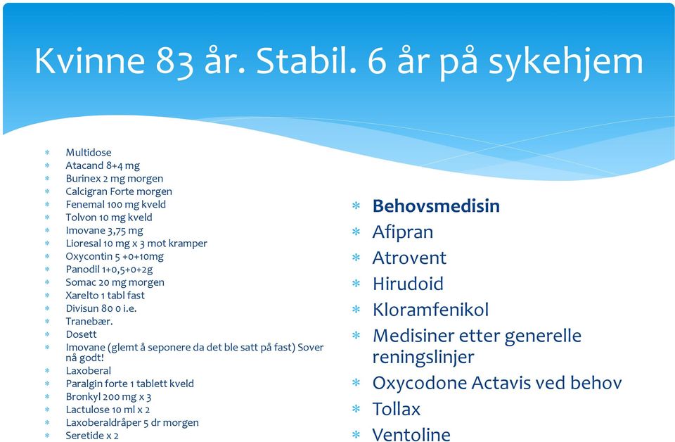 3 mot kramper Oxycontin 5 +0+10mg Panodil 1+0,5+0+2g Somac 20 mg morgen Xarelto 1 tabl fast Divisun 80 0 i.e. Tranebær.