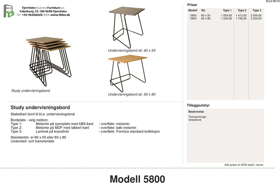 elbart bord til bl.a. undervisningsbruk Bordplate - velg mellom: Type 1: Melamin på sponplate med ABS-kant - overflate: melamin Type 2: Melamin på MDF