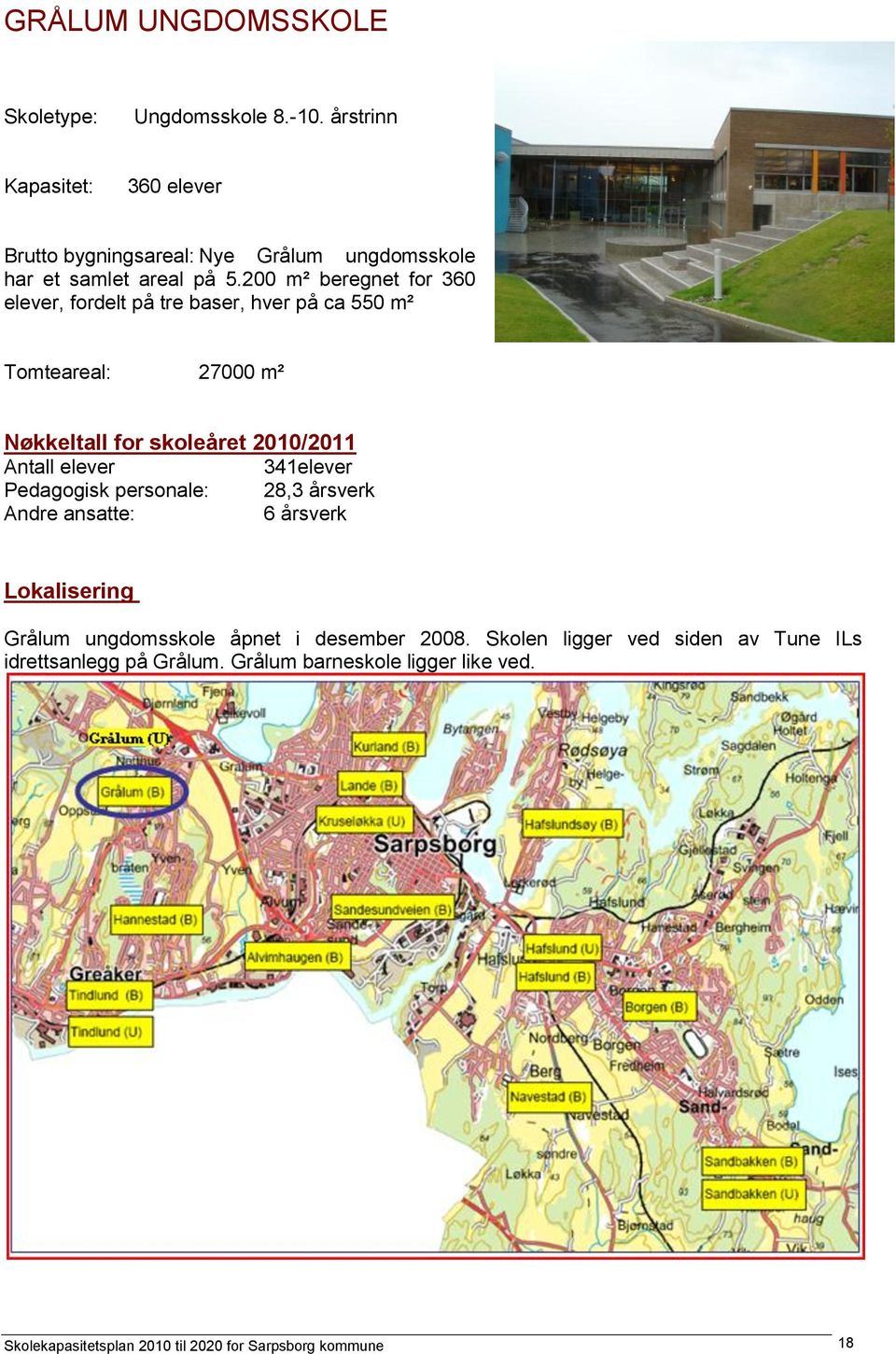 200 m² beregnet for 360 elever, fordelt på tre baser, hver på ca 550 m² Tomteareal: 27000 m² Nøkkeltall for skoleåret 2010/2011 Antall elever