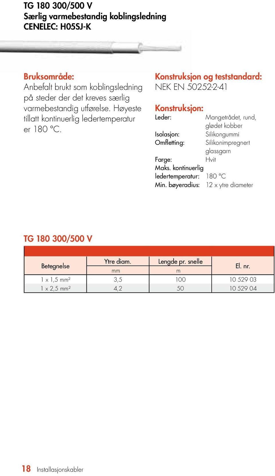 NEK EN 50252-2-41 Mangetrådet, rund, glødet kobber Isolasjon: Silikongui Omfletting: Silikonimpregnert glassgarn Farge: Hvit