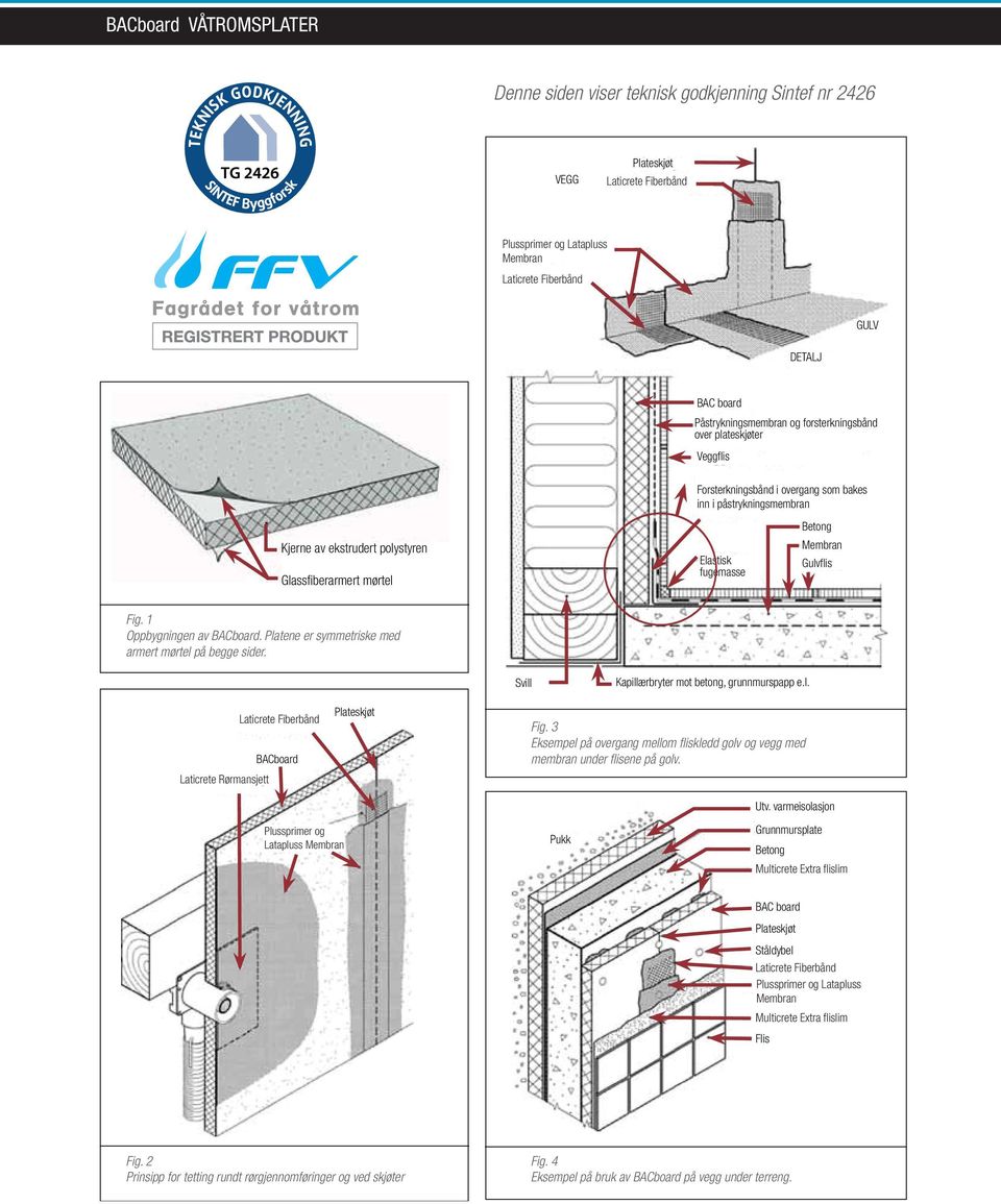 påstrykningsmembran Kjerne av ekstrudert polystyren Glassfiberarmert mørtel Elastisk fugemasse Betong Membran Gulvflis Fig. 1 Oppbygningen av BACboard.