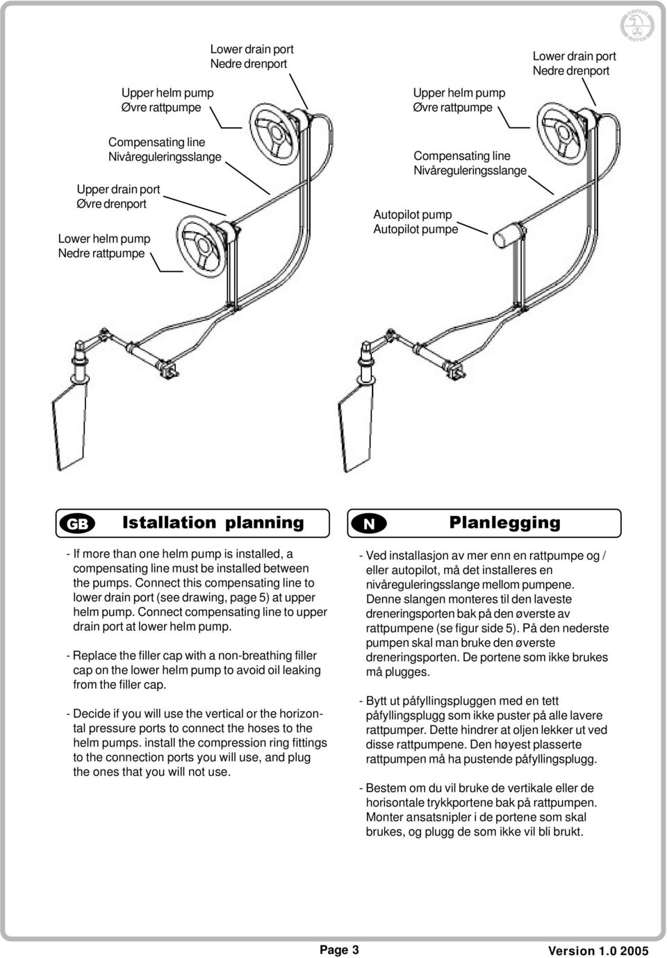 be installed between the pumps. Connect this compensating line to lower drain port (see drawing, page 5) at upper helm pump. Connect compensating line to upper drain port at lower helm pump.