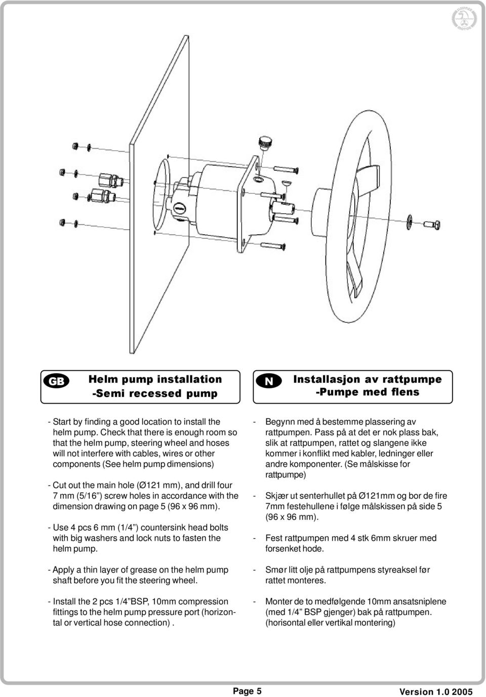 and drill four 7 mm (5/16 ) screw holes in accordance with the dimension drawing on page 5 (96 x 96 mm).