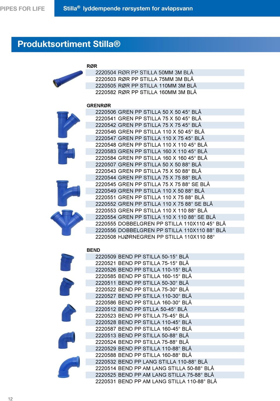 2220582 RØR PP STILLA 160MM 3M BLÅ 185,00 M GRENRØR 2220506 GREN PP STILLA 50 X 50 45 BLÅ 66,00 ST 2220541 GREN PP STILLA 75 X 50 45 BLÅ 111,00 ST 2220542 GREN PP STILLA 75 X 75 45 BLÅ 111,00 ST