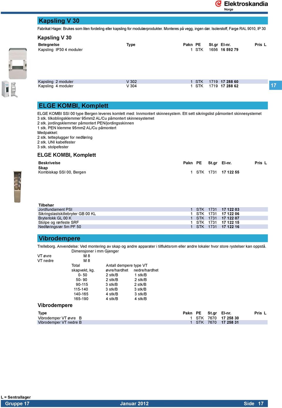 Pris L Kapsling IP30 4 moduler 1 STK 1656 16 592 79 Kapsling 2 moduler V 302 1 STK 1719 17 288 60 Kapsling 4 moduler V 304 1 STK 1719 17 288 62 17 ELGE KOMBI, Komplett ELGE KOMBI SSI 00 type Bergen