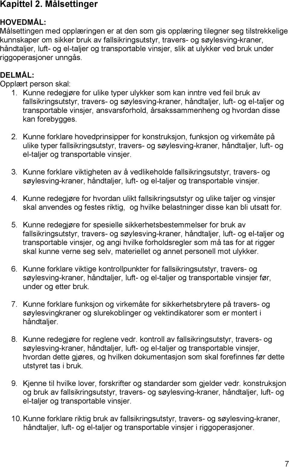 luft- og el-taljer og transportable vinsjer, slik at ulykker ved bruk under riggoperasjoner unngås. DELMÅL: Opplært person skal: 1.