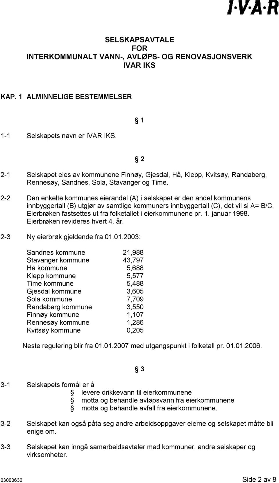 2 2-2 Den enkelte kommunes eierandel (A) i selskapet er den andel kommunens innbyggertall (B) utgjør av samtlige kommuners innbyggertall (C), det vil si A= B/C.