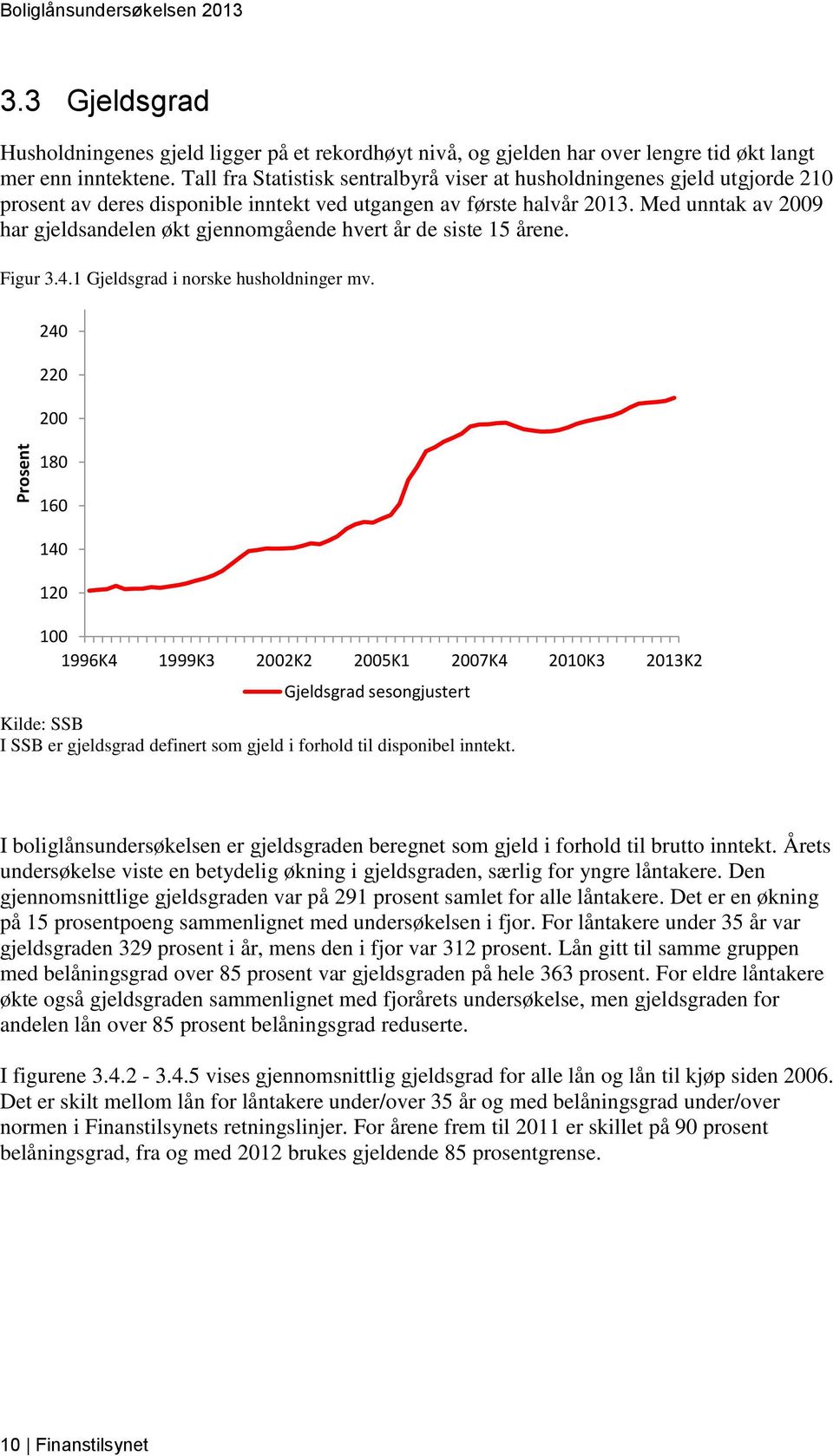 Med unntak av 29 har gjeldsandelen økt gjennomgående hvert år de siste 15 årene. Figur 3.4.1 Gjeldsgrad i norske husholdninger mv.