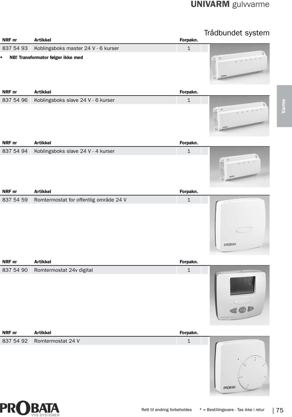 Varme 837 54 94 Koblingsboks slave 24 V - 4 kurser 1 837 54 59 Romtermostat for offentlig område