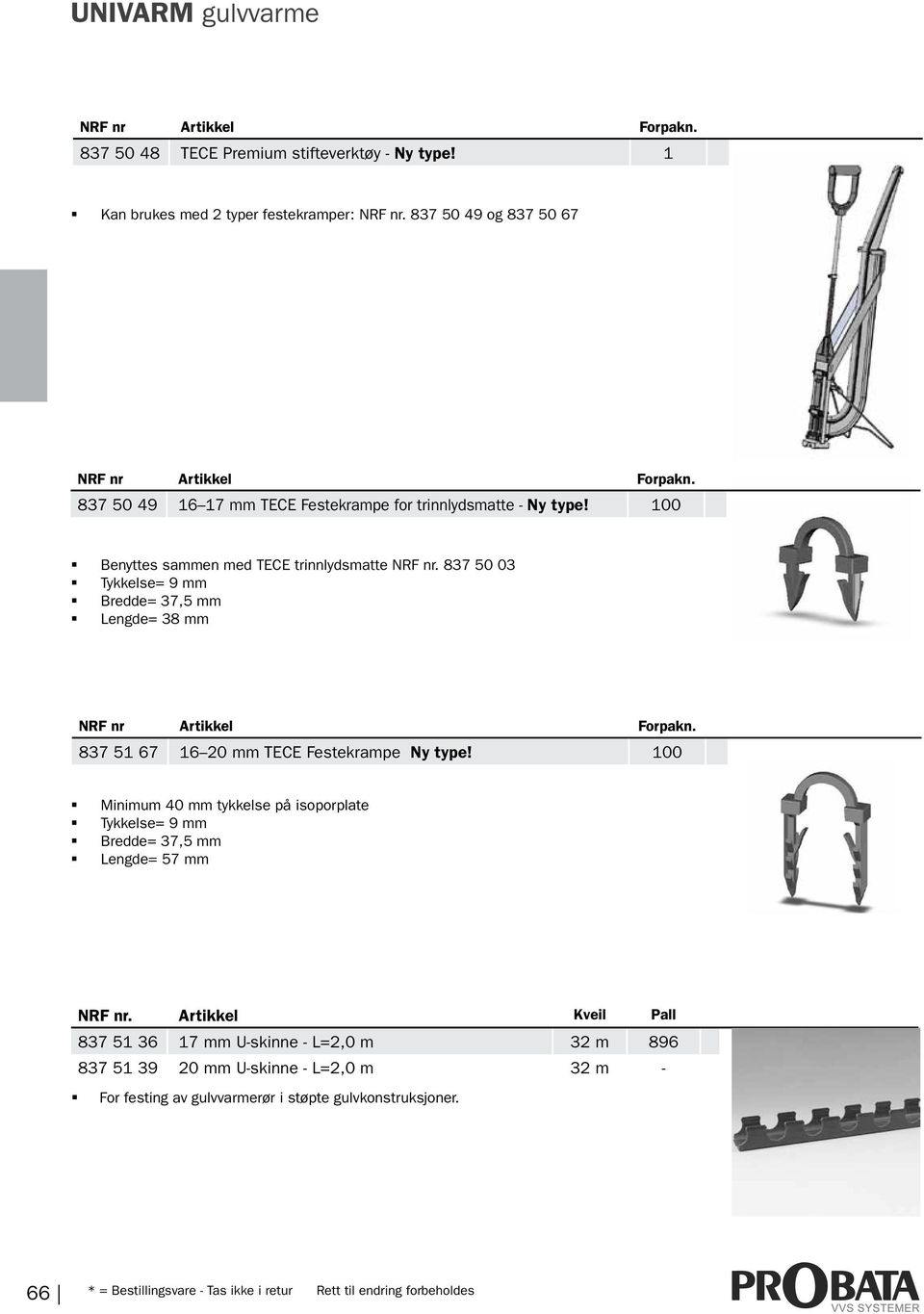 837 50 03 Tykkelse= 9 mm Bredde= 37,5 mm Lengde= 38 mm 837 51 67 16 20 mm TECE Festekrampe Ny type!