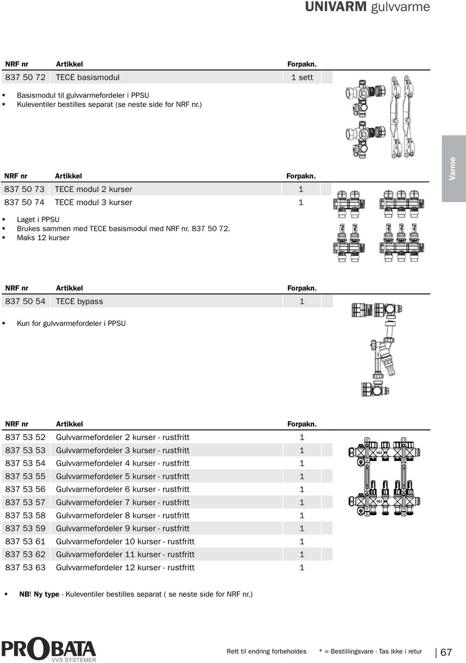 Maks 12 kurser 837 50 54 TECE bypass 1 Kun for gulvvarmefordeler i PPSU 837 53 52 Gulvvarmefordeler 2 kurser - rustfritt 1 837 53 53 Gulvvarmefordeler 3 kurser - rustfritt 1 837 53 54