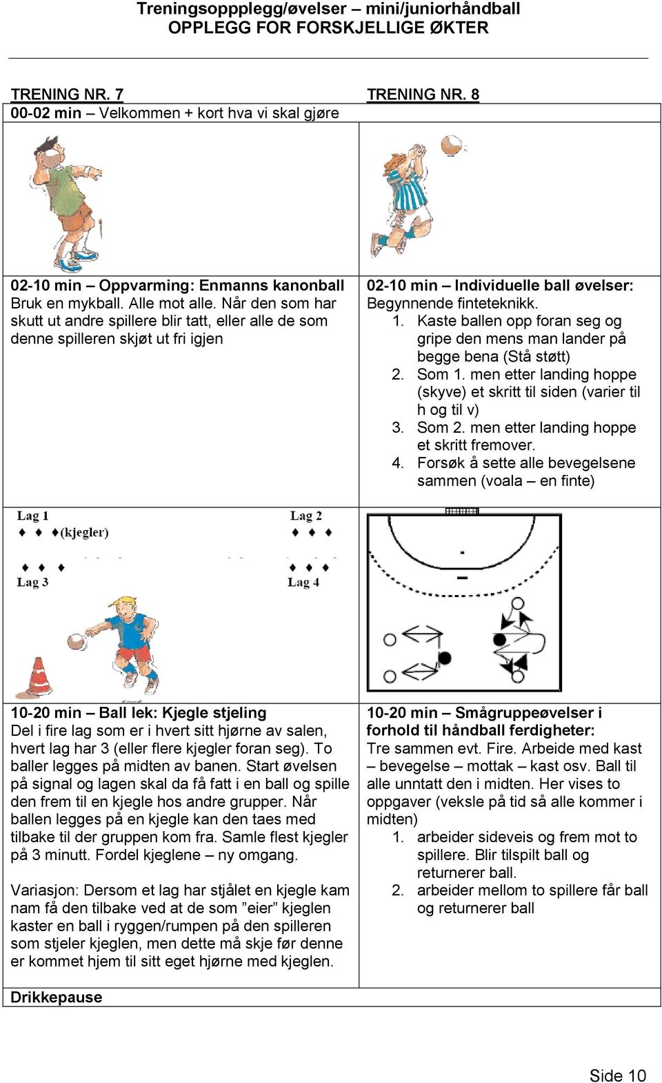 Kaste ballen opp foran seg og gripe den mens man lander på begge bena (Stå støtt) 2. Som 1. men etter landing hoppe (skyve) et skritt til siden (varier til h og til v) 3. Som 2.