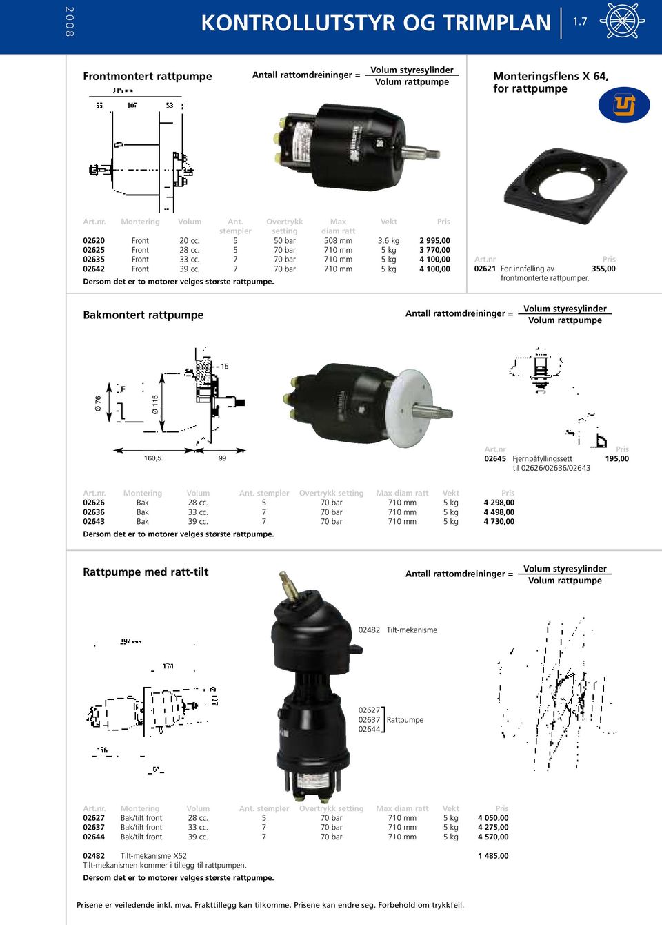 7 70 bar 710 mm 5 kg 4 100,00 02642 Front 39 cc. 7 70 bar 710 mm 5 kg 4 100,00 Dersom det er to motorer velges største rattpumpe. Art.nr 02621 For innfelling av 355,00 frontmonterte rattpumper.