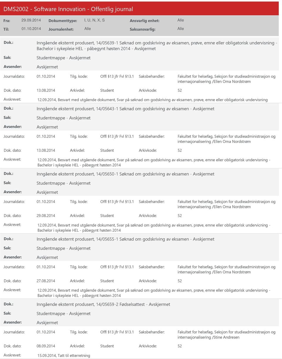 2014, Besvart med utgående dokument, Svar på søknad om godskriving av eksamen, prøve, emne eller obligatorisk undervisning Inngående eksternt produsert, 14/05643-1 Søknad om godskriving av eksamen -