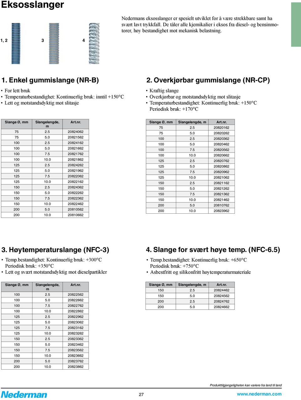 Enkel gummislange (NR-B) For lett bruk Temperaturbestandighet: Kontinuerlig bruk: inntil +150 C Lett og motstandsdyktig mot slitasje 2.