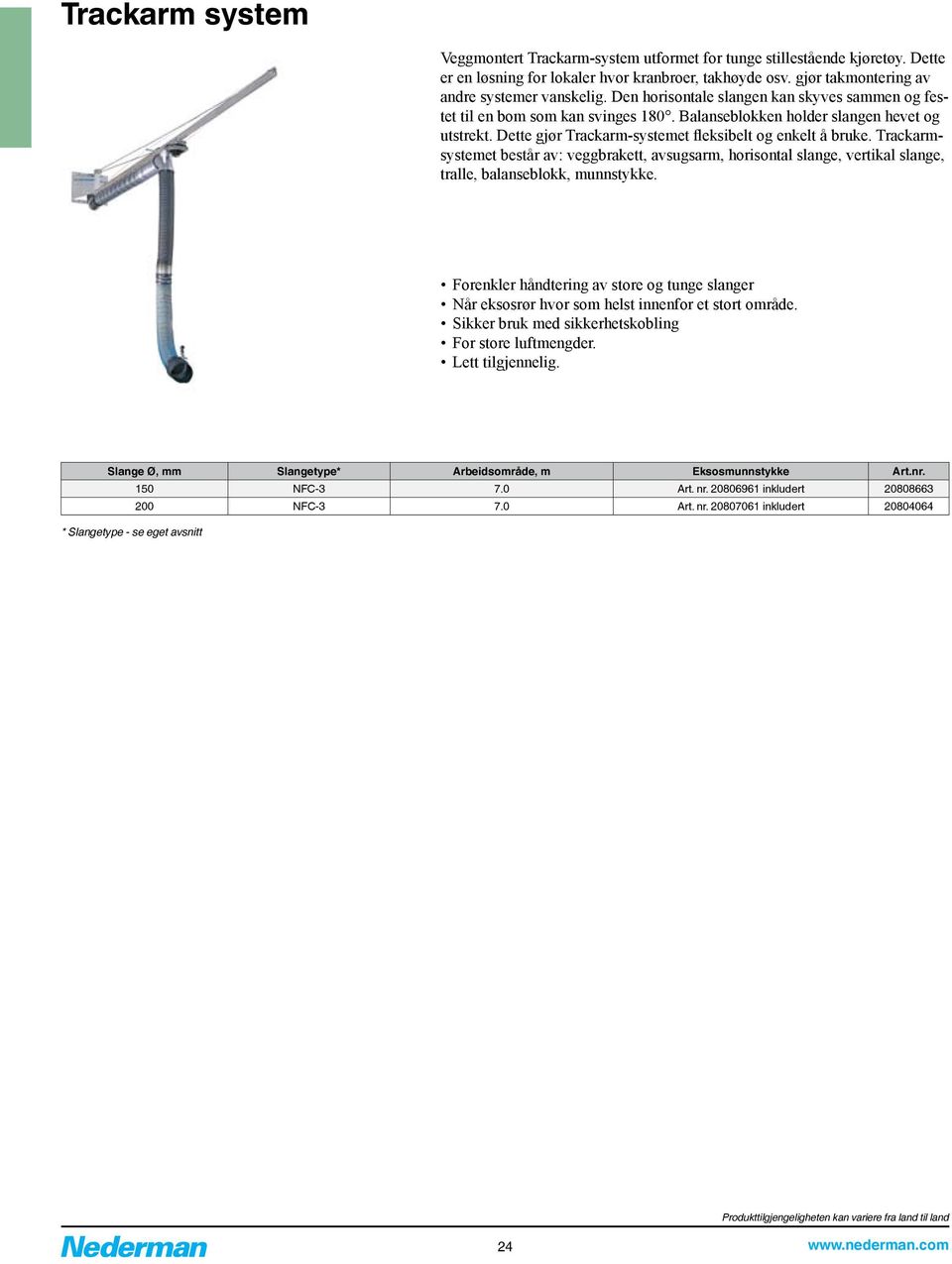 Trackarmsystemet består av: veggbrakett, avsugsarm, horisontal slange, vertikal slange, tralle, balanseblokk, munnstykke.