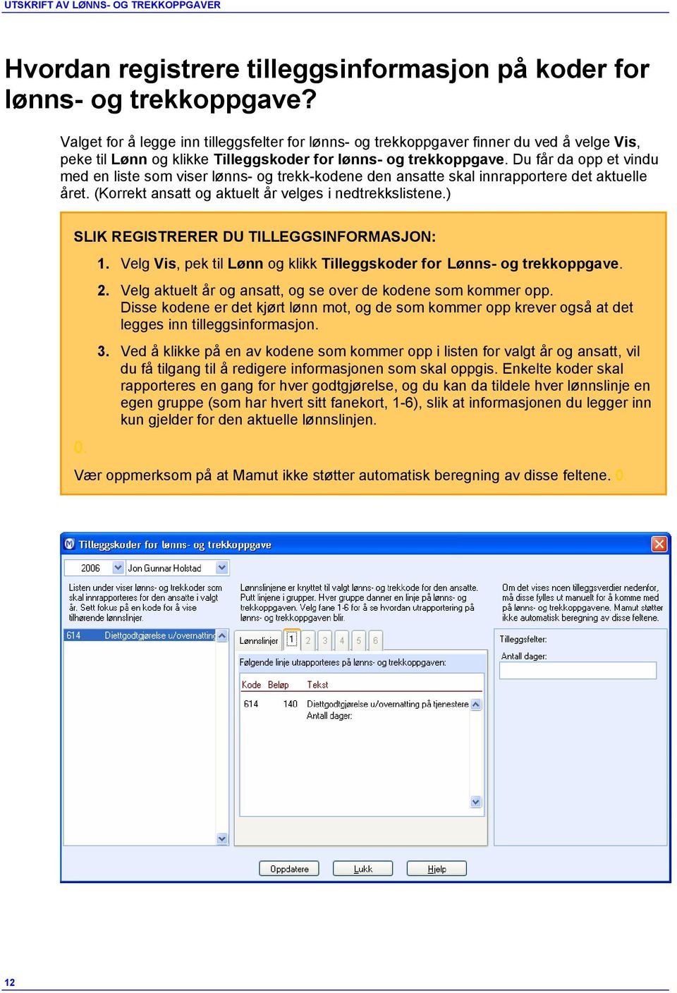 Du får da opp et vindu med en liste som viser lønns- og trekk-kodene den ansatte skal innrapportere det aktuelle året. (Korrekt ansatt og aktuelt år velges i nedtrekkslistene.