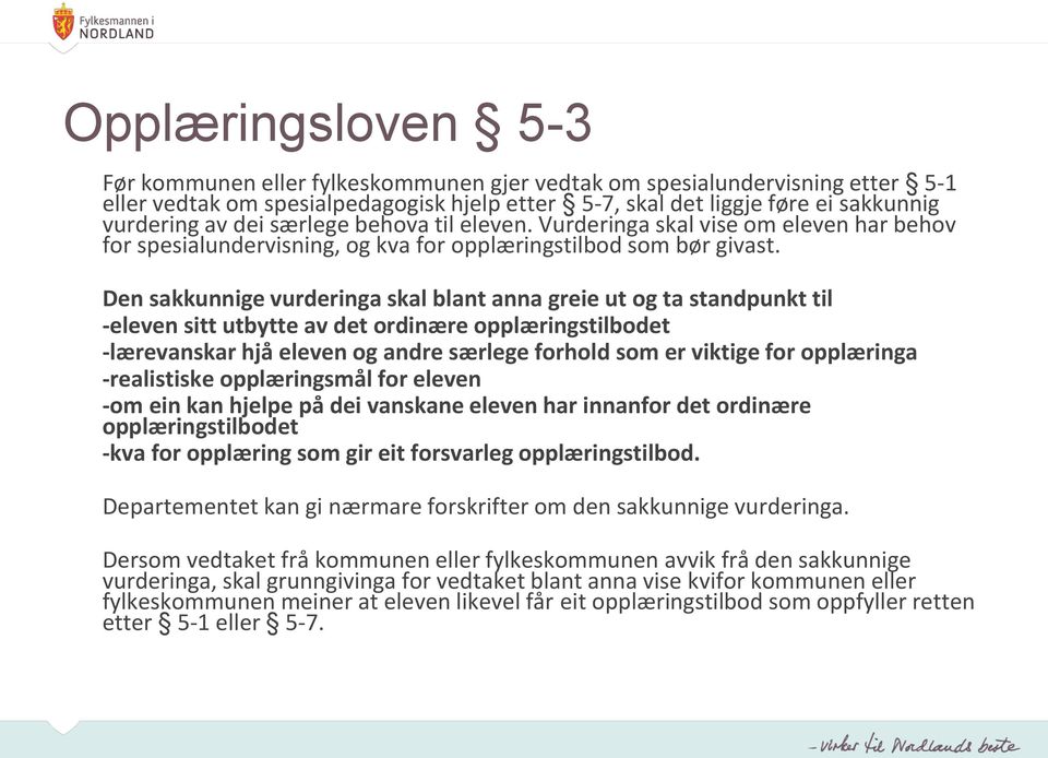 Den sakkunnige vurderinga skal blant anna greie ut og ta standpunkt til -eleven sitt utbytte av det ordinære opplæringstilbodet -lærevanskar hjå eleven og andre særlege forhold som er viktige for