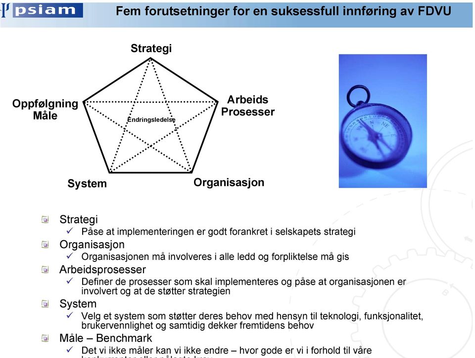 Definer de prosesser som skal implementeres og påse at organisasjonen er involvert og at de støtter strategien Velg et system som støtter deres behov med hensyn