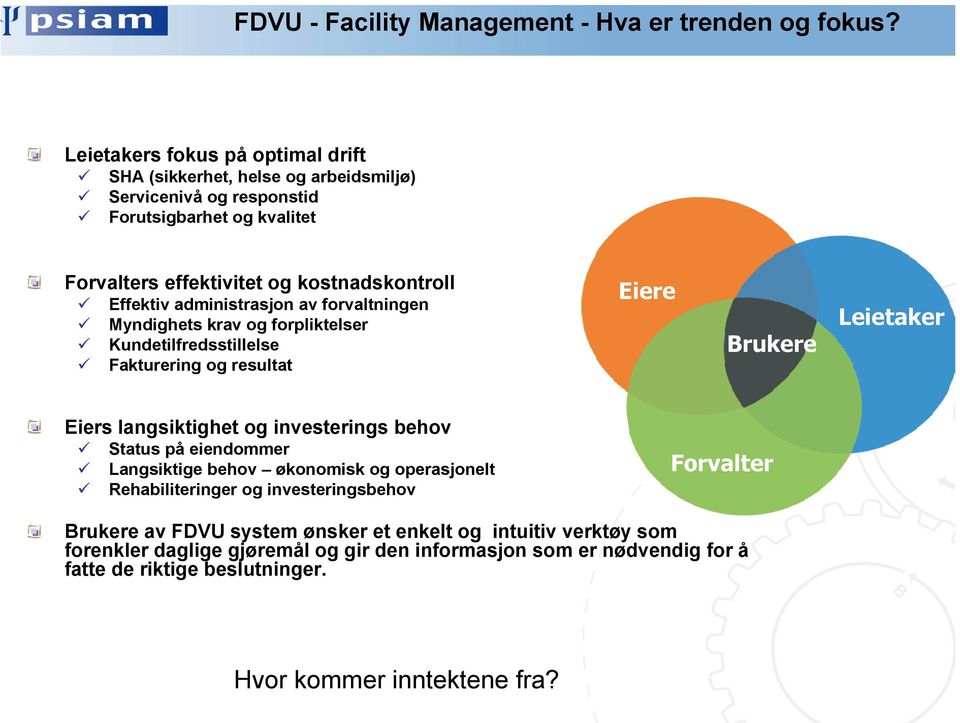 administrasjon av forvaltningen Myndighets krav og forpliktelser Kundetilfredsstillelse Fakturering og resultat Eiere Brukere Leietaker Eiers langsiktighet og investerings behov