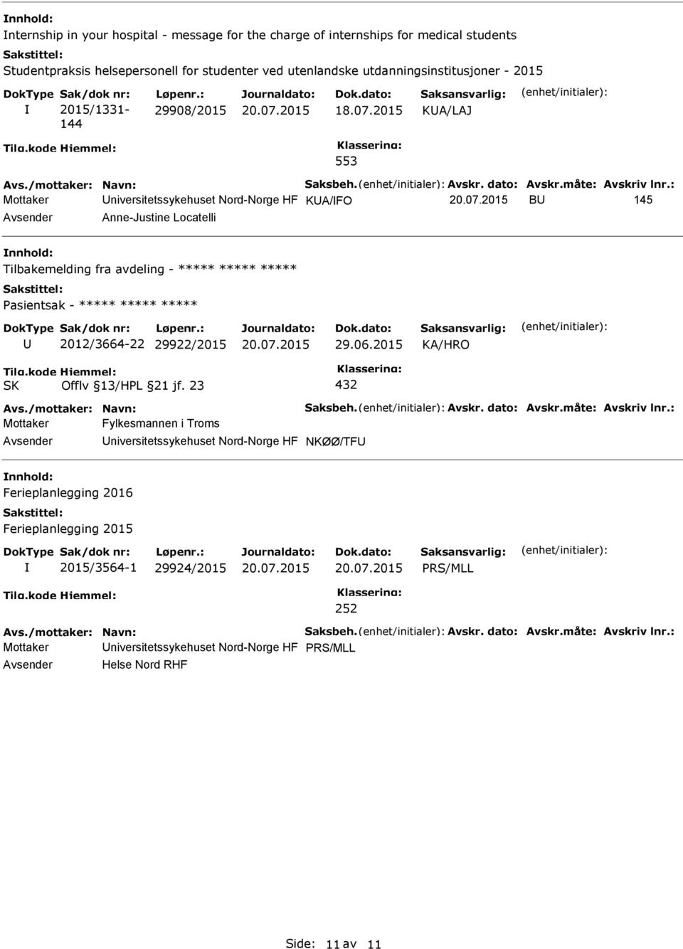 : Mottaker niversitetssykehuset Nord-Norge HF KA/FO B 145 Anne-Justine Locatelli Tilbakemelding fra avdeling - ***** ***** ***** 2012/3664-22 29922/2015 29.06.2015 432 Avs./mottaker: Navn: Saksbeh.