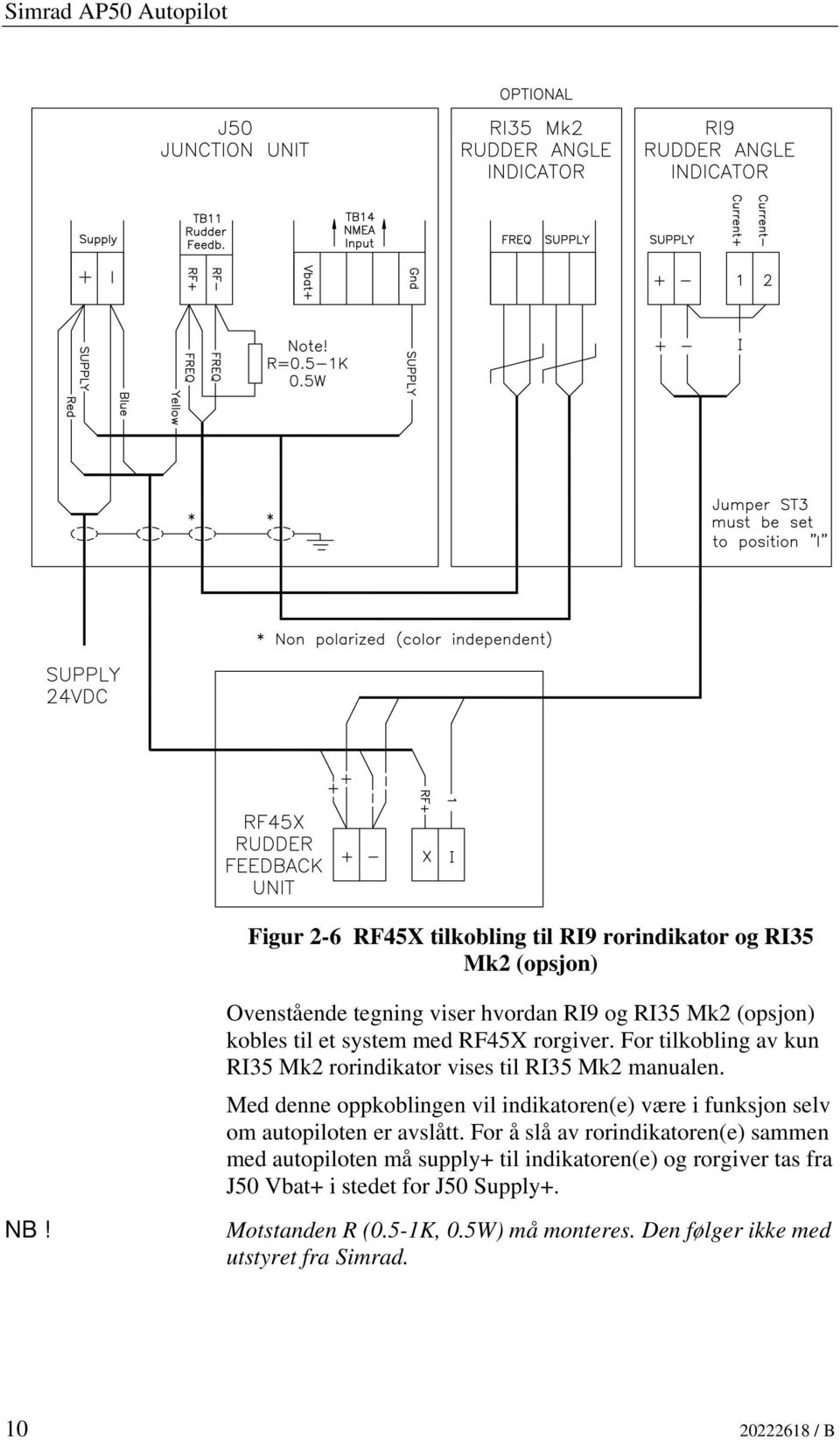 For tilkobling av kun RI35 Mk2 rorindikator vises til RI35 Mk2 manualen.