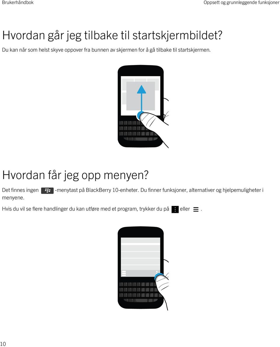 Hvordan får jeg opp menyen? Det finnes ingen menyene. -menytast på BlackBerry 10-enheter.