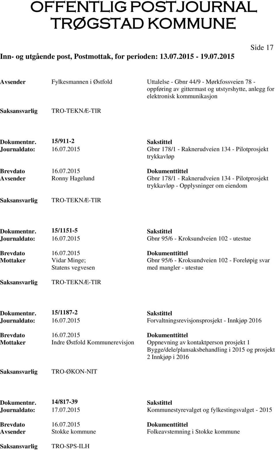 2015 Gbnr 178/1 - Raknerudveien 134 - Pilotprosjekt trykkavløp Avsender Ronny Hagelund Gbnr 178/1 - Raknerudveien 134 - Pilotprosjekt trykkavløp - Opplysninger om eiendom Dokumentnr.