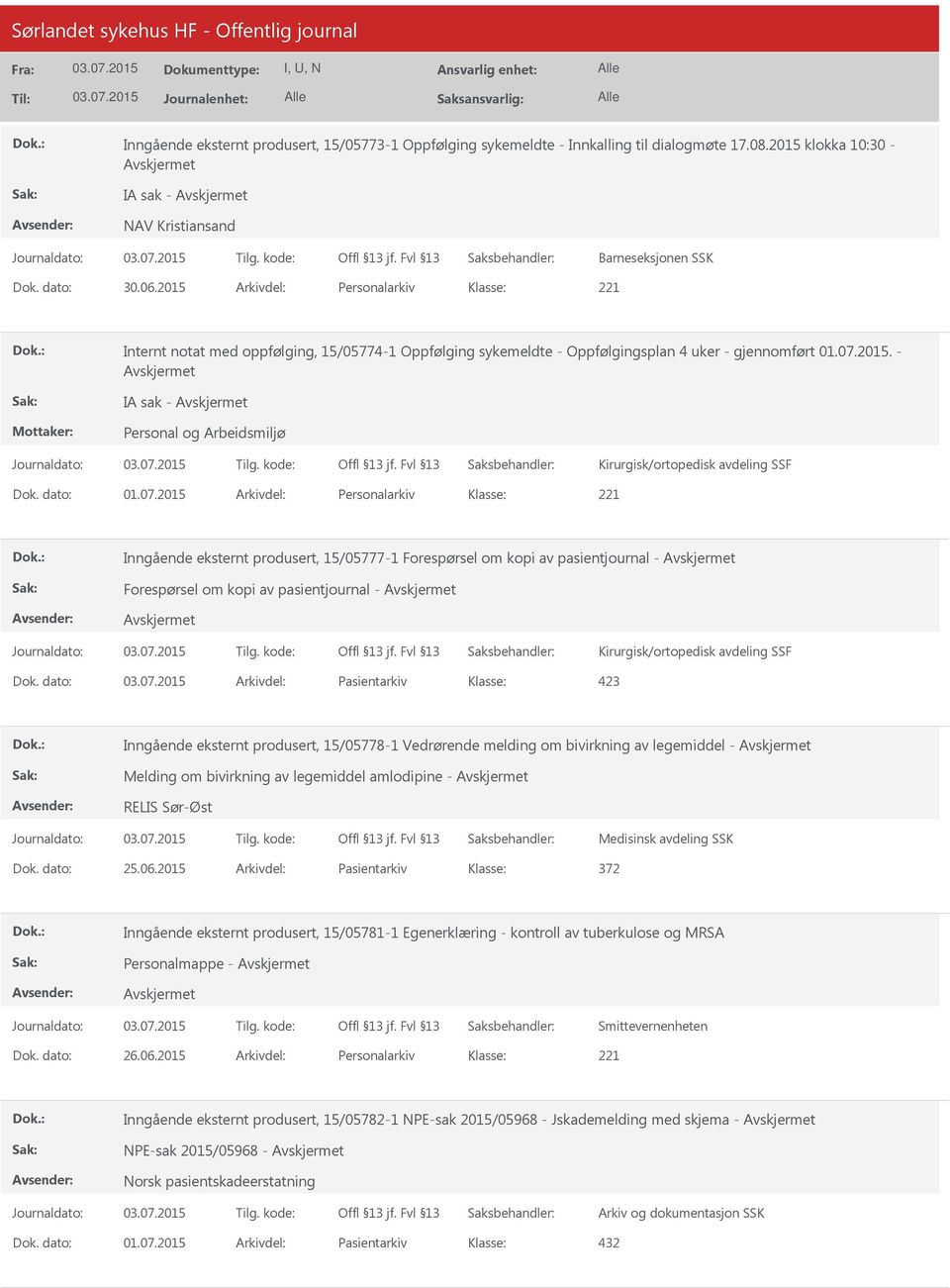 dato: 01.07.2015 Arkivdel: Personalarkiv Inngående eksternt produsert, 15/05777-1 Forespørsel om kopi av pasientjournal - Forespørsel om kopi av pasientjournal - Kirurgisk/ortopedisk avdeling SSF Dok.