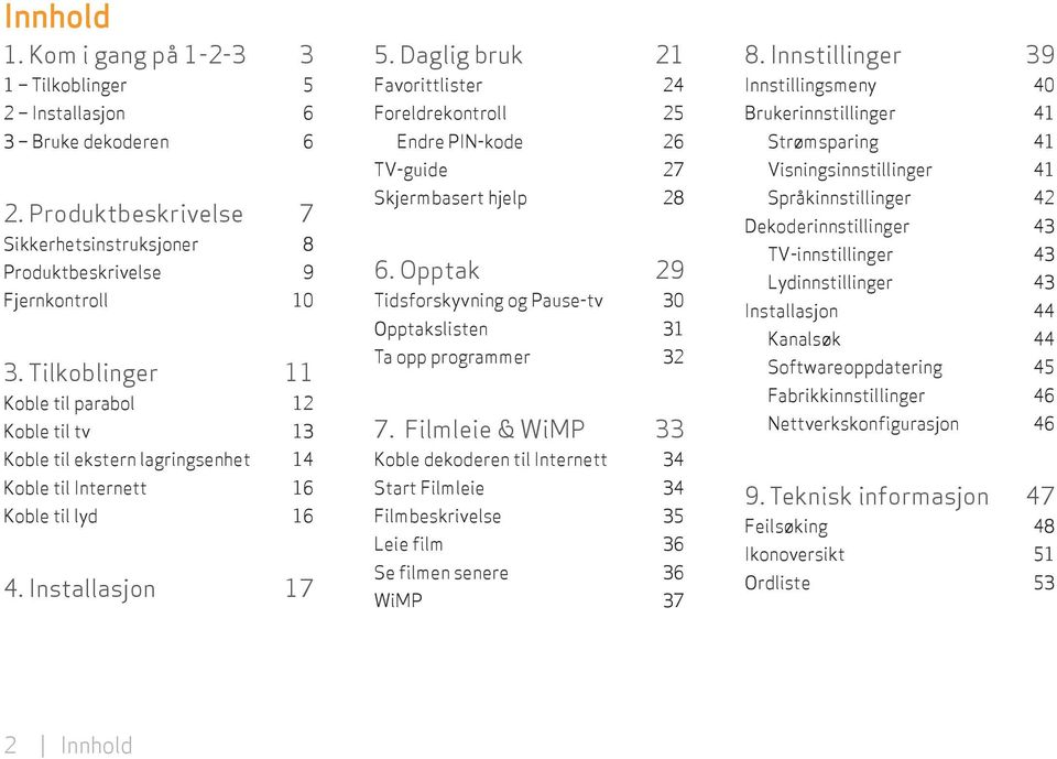 Daglig bruk 21 Favorittlister 24 Foreldrekontroll 25 Endre PIN-kode 26 TV-guide 27 Skjermbasert hjelp 28 6. Opptak 29 Tidsforskyvning og Pause-tv 30 Opptakslisten 31 Ta opp programmer 32 7.