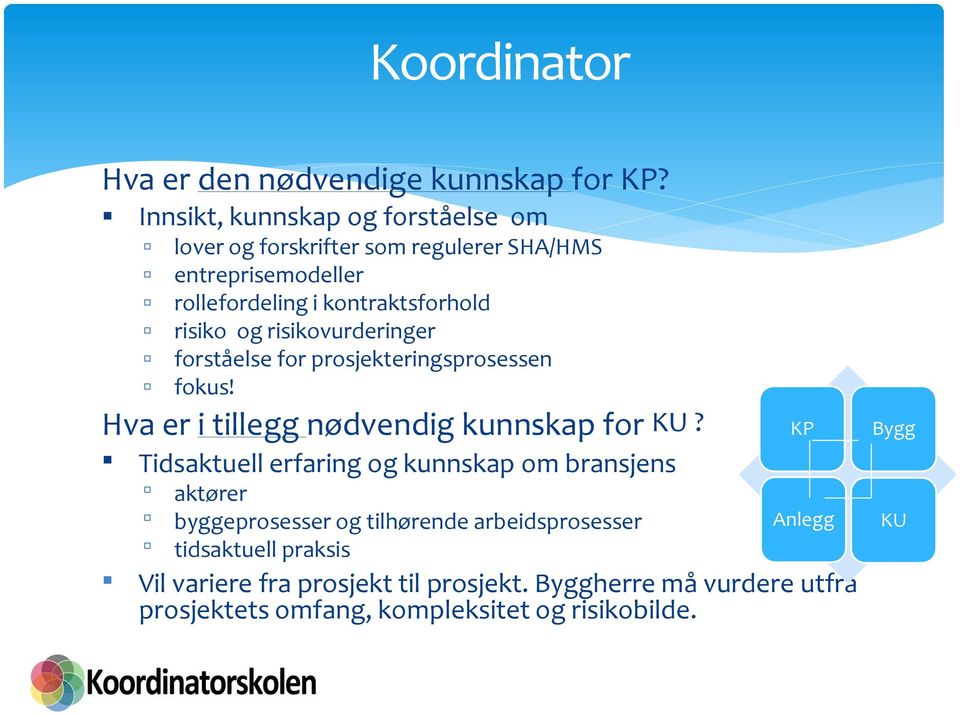 og risikovurderinger forståelse for prosjekteringsprosessen fokus! Hva er i tillegg nødvendig kunnskap for KU?