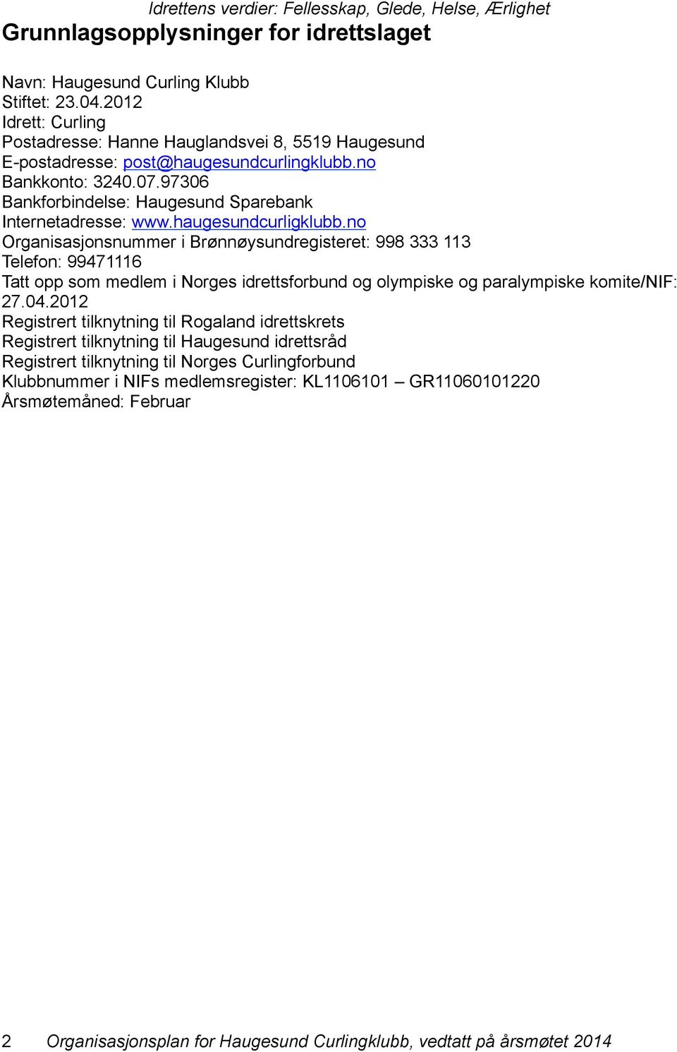 97306 Bankforbindelse: Haugesund Sparebank Internetadresse: www.haugesundcurligklubb.