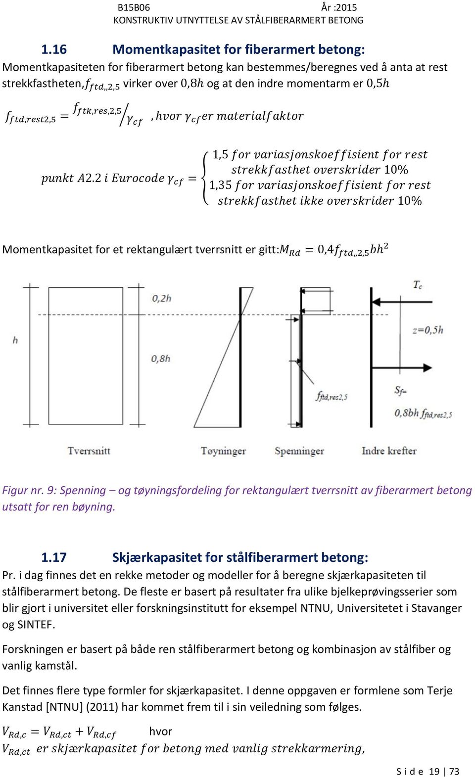 2 i Eurocode γ cf = { 1,35 for variasjonskoeffisient for rest strekkfasthet ikke overskrider 10% Momentkapasitet for et rektangulært tverrsnitt er gitt:m Rd = 0,4f ftd,,2,5 bh 2 Figur nr.