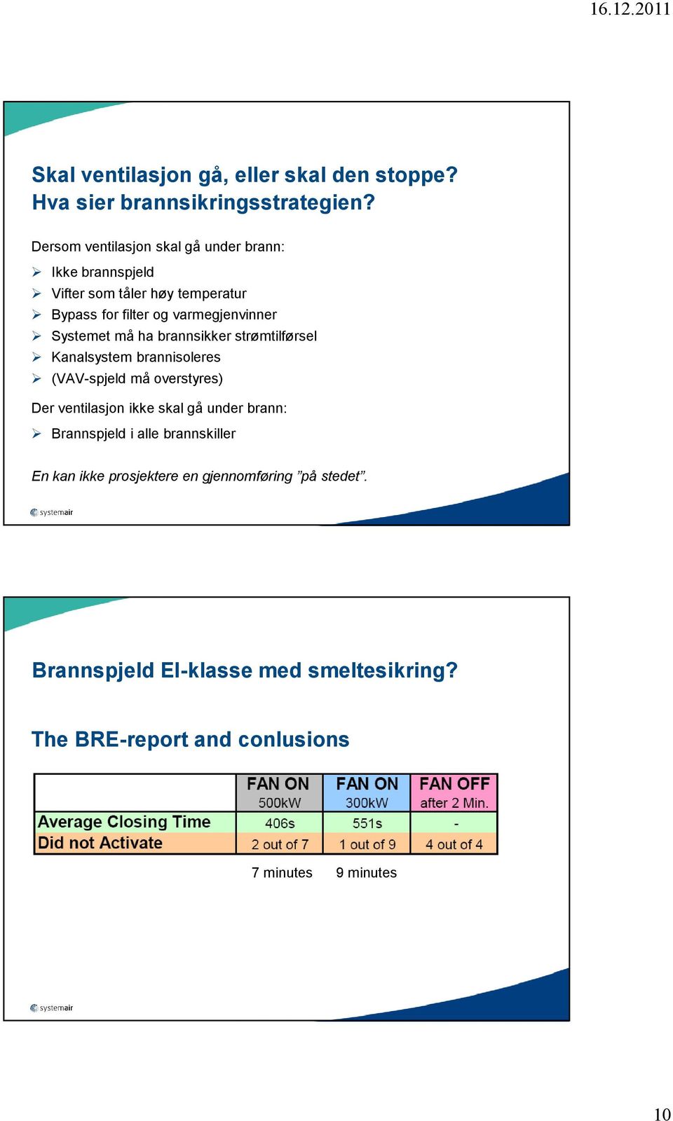 Systemet må ha brannsikker strømtilførsel Kanalsystem brannisoleres (VAV-spjeld må overstyres) Der ventilasjon ikke skal gå under