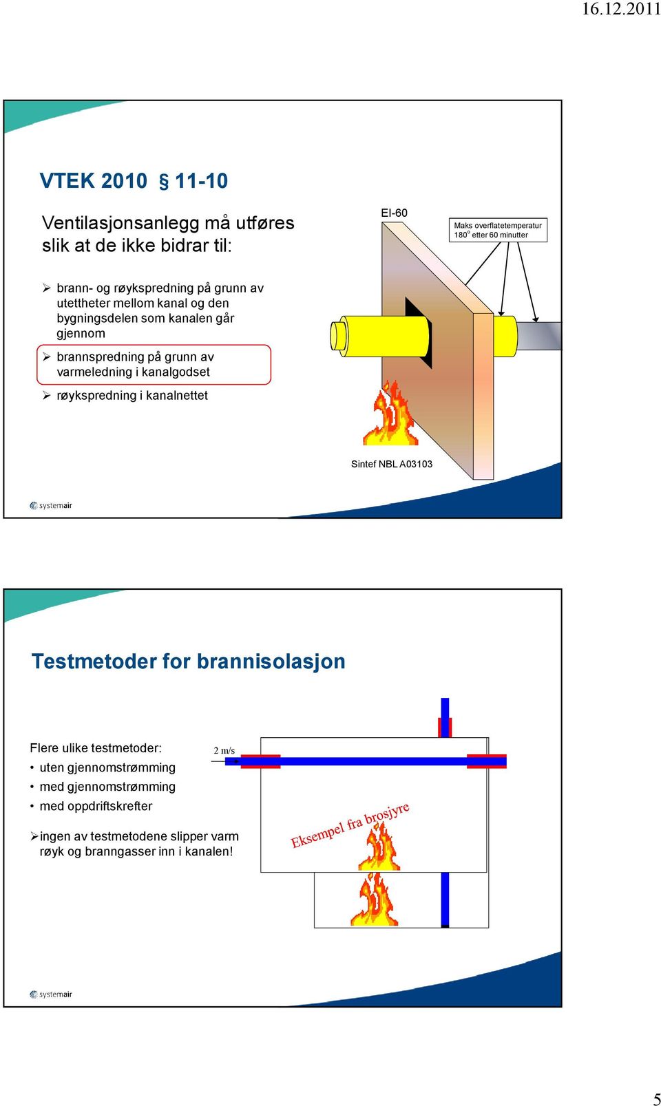 varmeledning i kanalgodset røykspredning i kanalnettet Sintef NBL A03103 Testmetoder for brannisolasjon Flere ulike testmetoder: