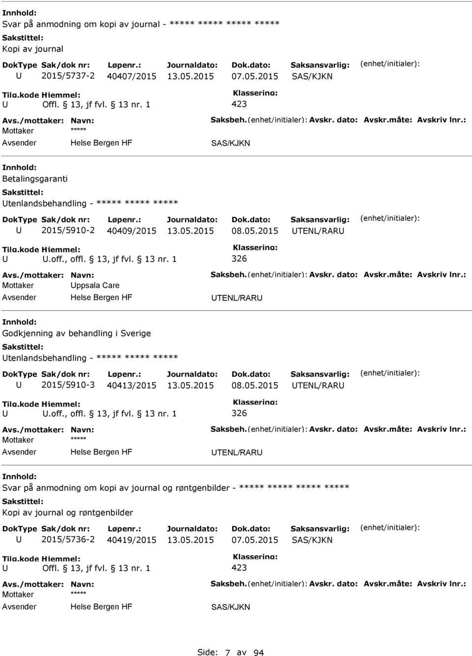 måte: Avskriv lnr.: Mottaker ppsala Care TENL/RAR Godkjenning av behandling i Sverige tenlandsbehandling - ***** ***** ***** 2015/5910-3 40413/2015 08.05.2015 TENL/RAR.off., offl. 13, jf fvl. 13 nr.