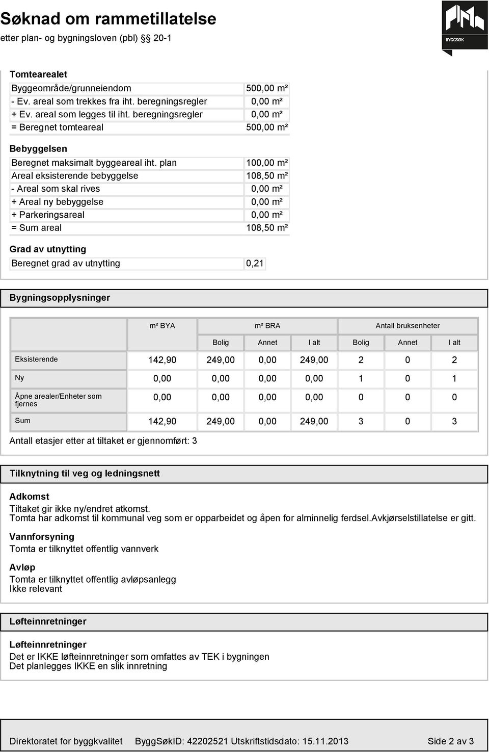 plan 100,00 m² Areal eksisterende bebyggelse 108,50 m² - Areal som skal rives 0,00 m² + Areal ny bebyggelse 0,00 m² + Parkeringsareal 0,00 m² = Sum areal 108,50 m² Grad av utnytting Beregnet grad av