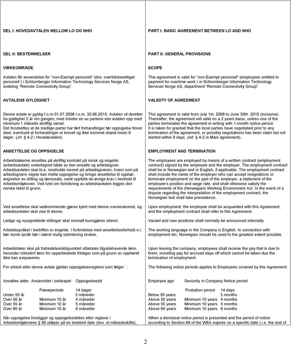 SCOPE This agreement is valid for non-exempt personell (employees entitled to payment for overtime work ) in Schlumberger Information Technology Services Norge AS, department Remote Connectivity