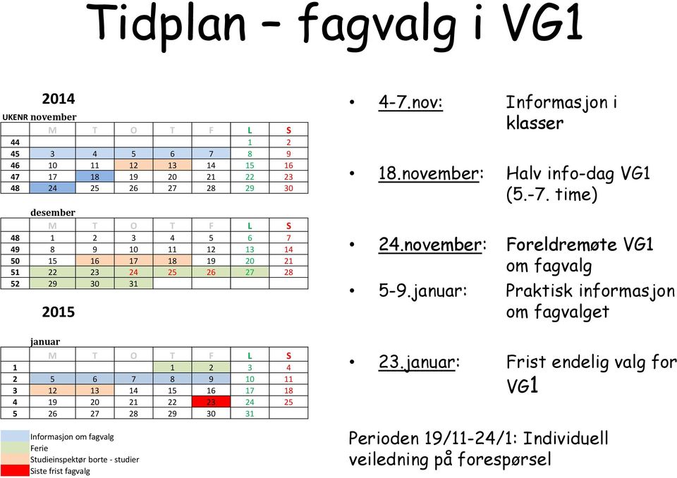 24 25 5 26 27 28 29 30 31 Informasjon om fagvalg Ferie Studieinspektør borte - studier Siste frist fagvalg 4-7.nov: Informasjon i klasser 18.november: Halv info-dag VG1 (5.-7. time) 24.