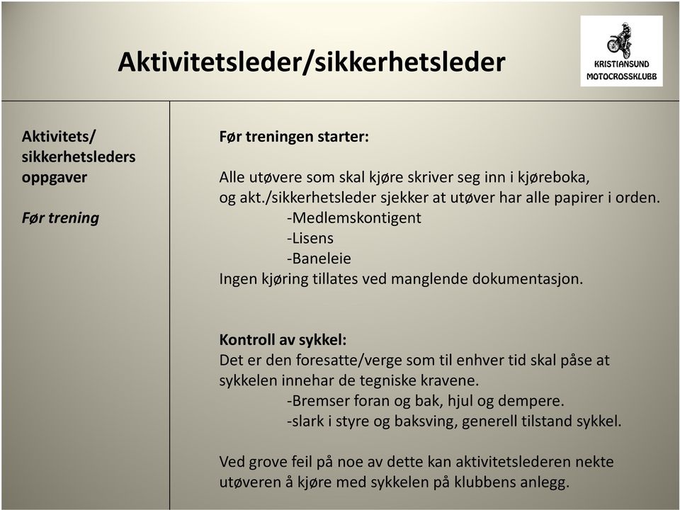 -Medlemskontigent -Lisens -Baneleie Ingen kjøring tillates ved manglende dokumentasjon.