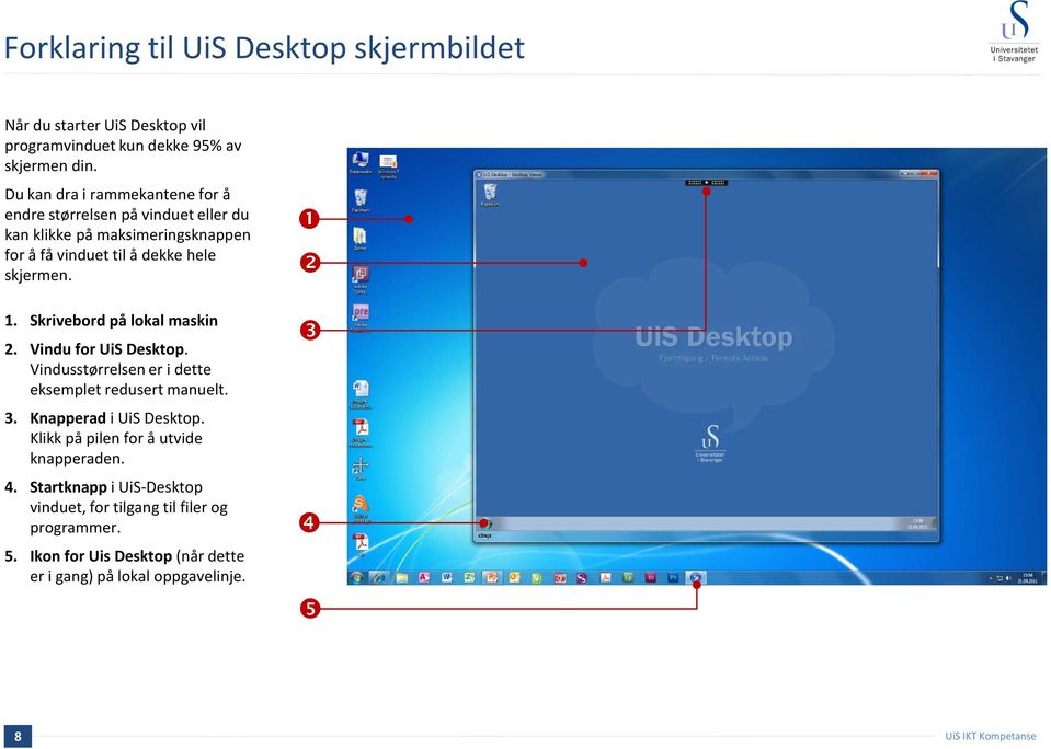 1. Skrivebord på lokal maskin 2. Vindu for UiS Desktop. Vindusstørrelsen er i dette eksemplet redusert manuelt. 3. Knapperad i UiS Desktop.