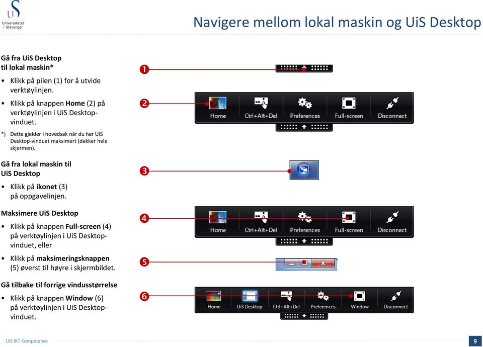 Gå fra lokal maskin til UiS Desktop Klikk på ikonet (3) på oppgavelinjen.