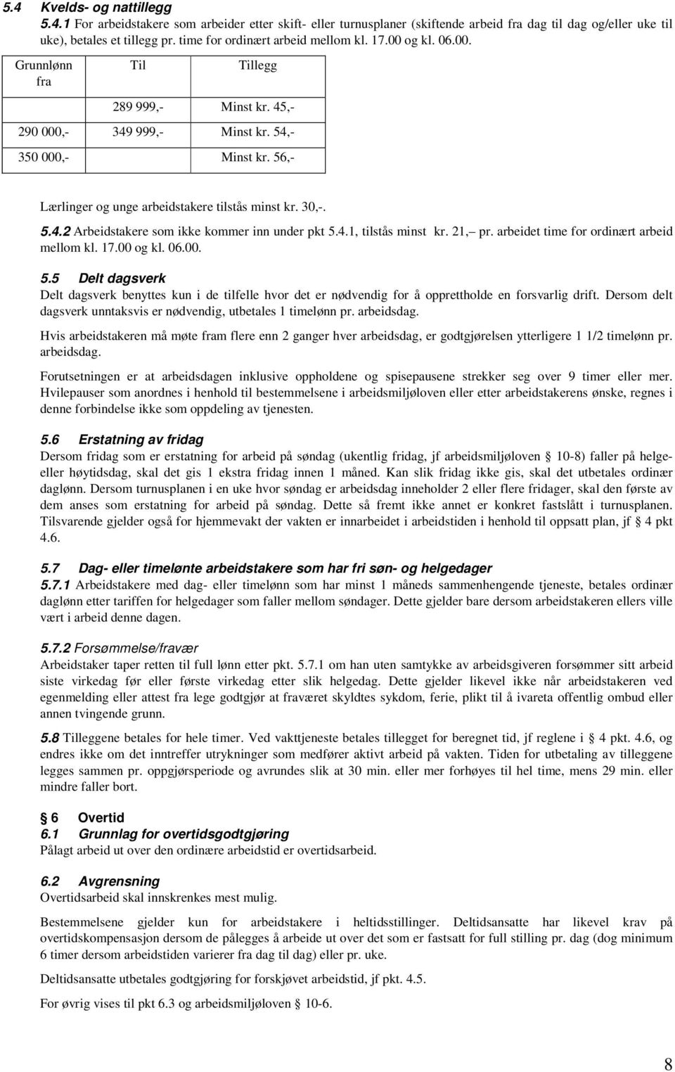 56,- Lærlinger og unge arbeidstakere tilstås minst kr. 30,-. 5.4.2 Arbeidstakere som ikke kommer inn under pkt 5.4.1, tilstås minst kr. 21, pr. arbeidet time for ordinært arbeid mellom kl. 17.