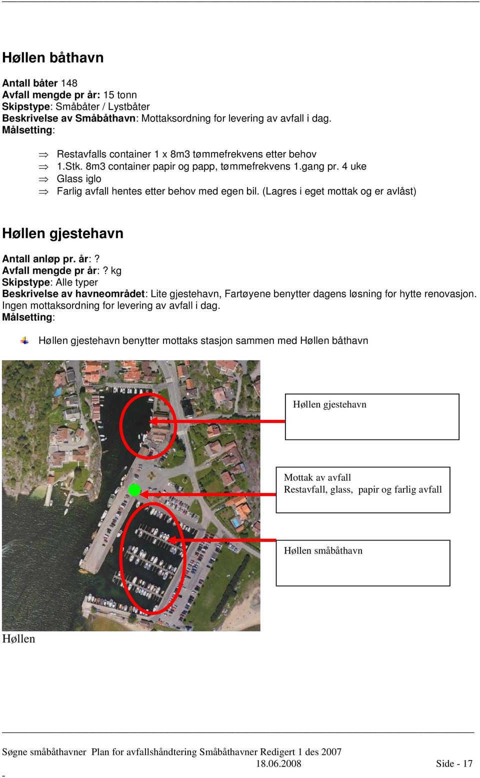 (Lagres i eget mottak og er avlåst) Høllen gjestehavn Antall anløp pr. år:? Avfall mengde pr år:?